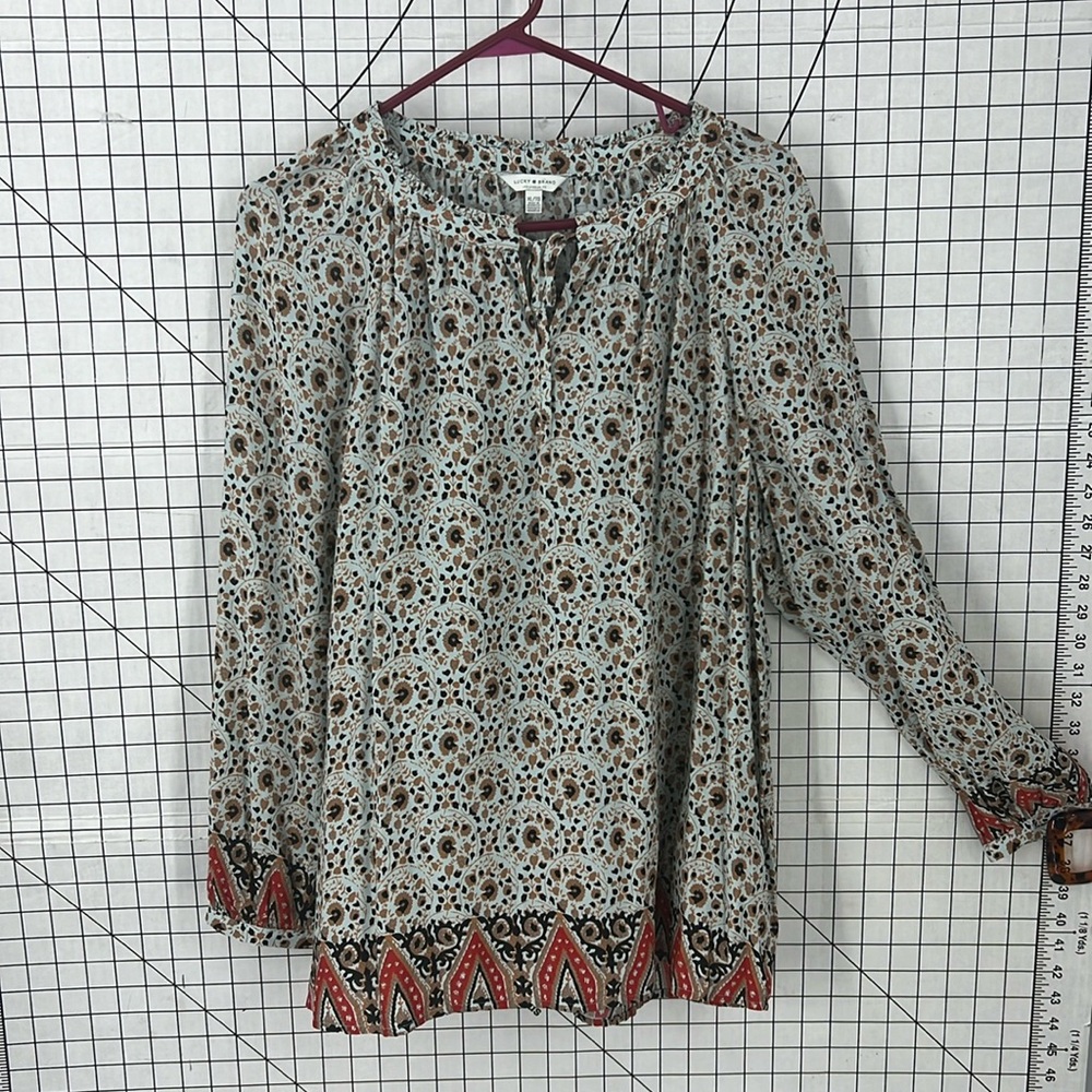 Lucky brand floral paisley print split neck w/tie puff sleeve tunic top XL